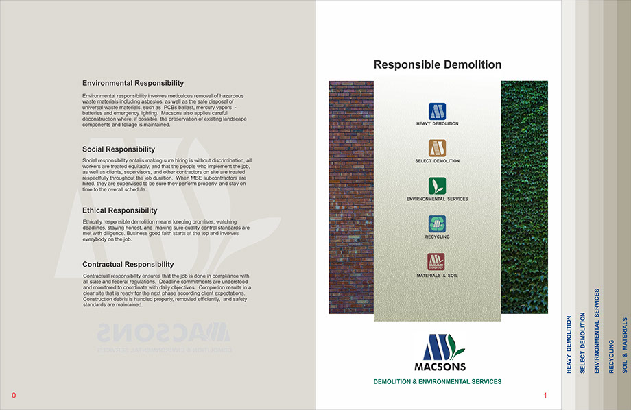 Macsons Brochure - showing identity in tagline description in content: "Responsible Demolition."