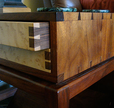 Joint Detail of Solid Walnut End Table, with hand cut dovetails and birdseye maple drawers