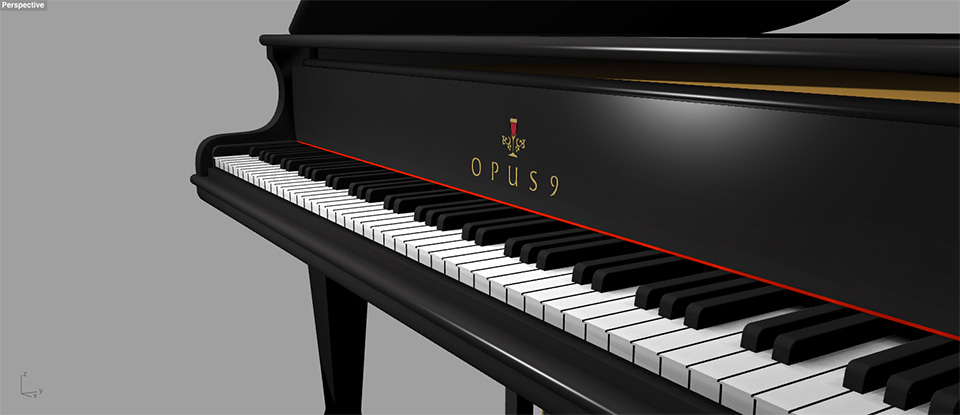 3D Model of a grand piano with restaurant brand in the back board.