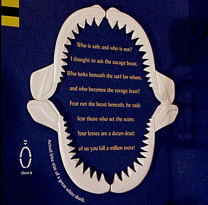 Contextual point of Shark Cage Exhibit with MINT Design carving of full scale great white shark mouth and bite radius