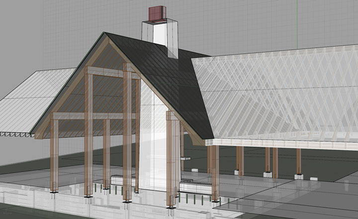 Gable study of hybrid timberframe house.