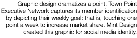 Graphic design dramatizes a point. Town Point Executive Network captures its member identification by depicting their weekly goal: that is, touching one point a week to increase market share. Mint Design created this graphic for social media identity.