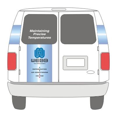 Rear view of graphic design brand on van